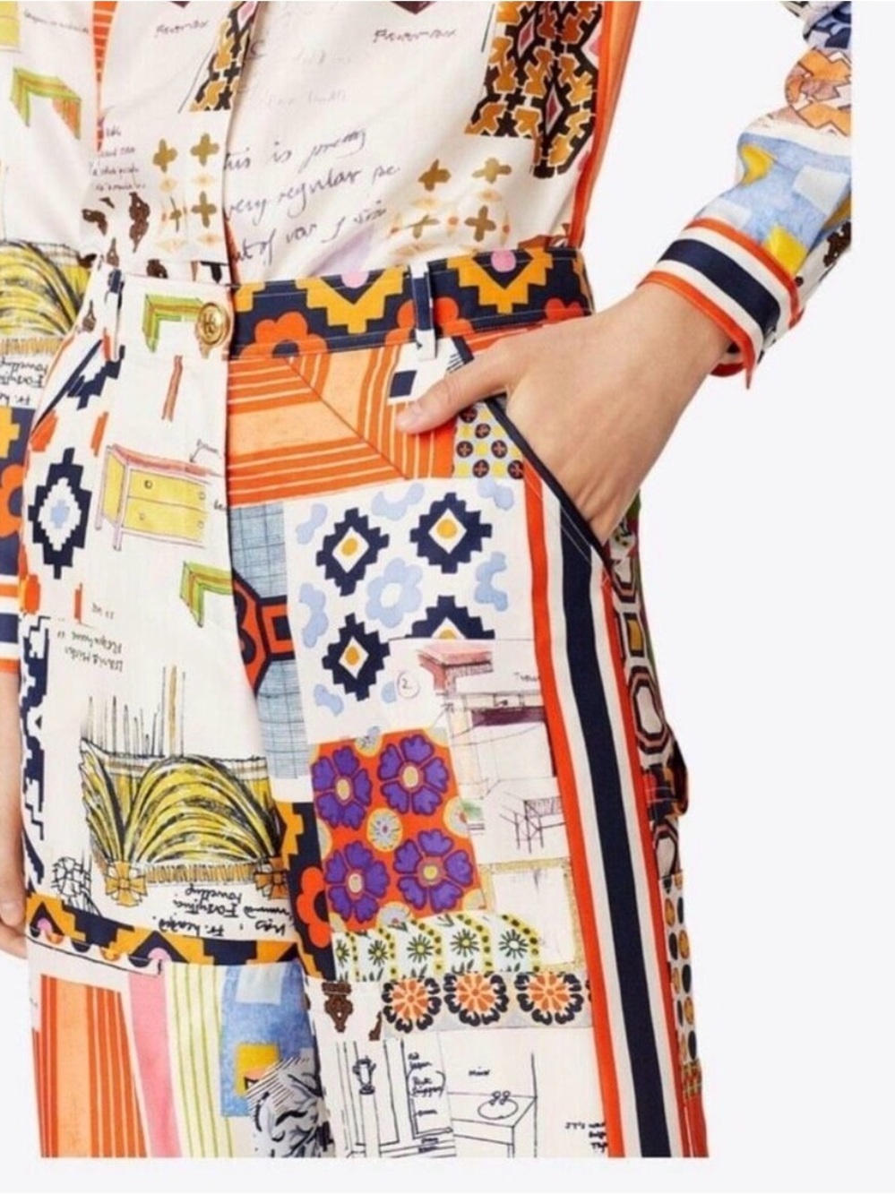 Tory Burch Sienna Printed Silk Trousers | Patchwork Collage | Size Medium - Picture 3 of 16